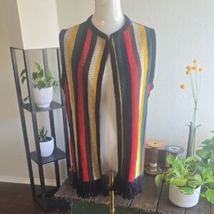 Colorful Striped Knit Vest with Fringe